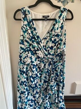 Chaps White Blue Green Floral Faux-Wrap Midi Dress